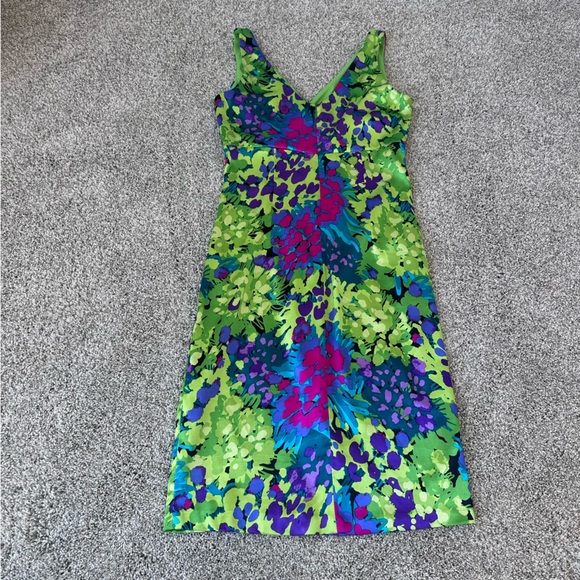 Vibrant Floral V-neck Dress Evan Picone Size 6, wedding, cocktail, chartreuse - Picture 11 of 12